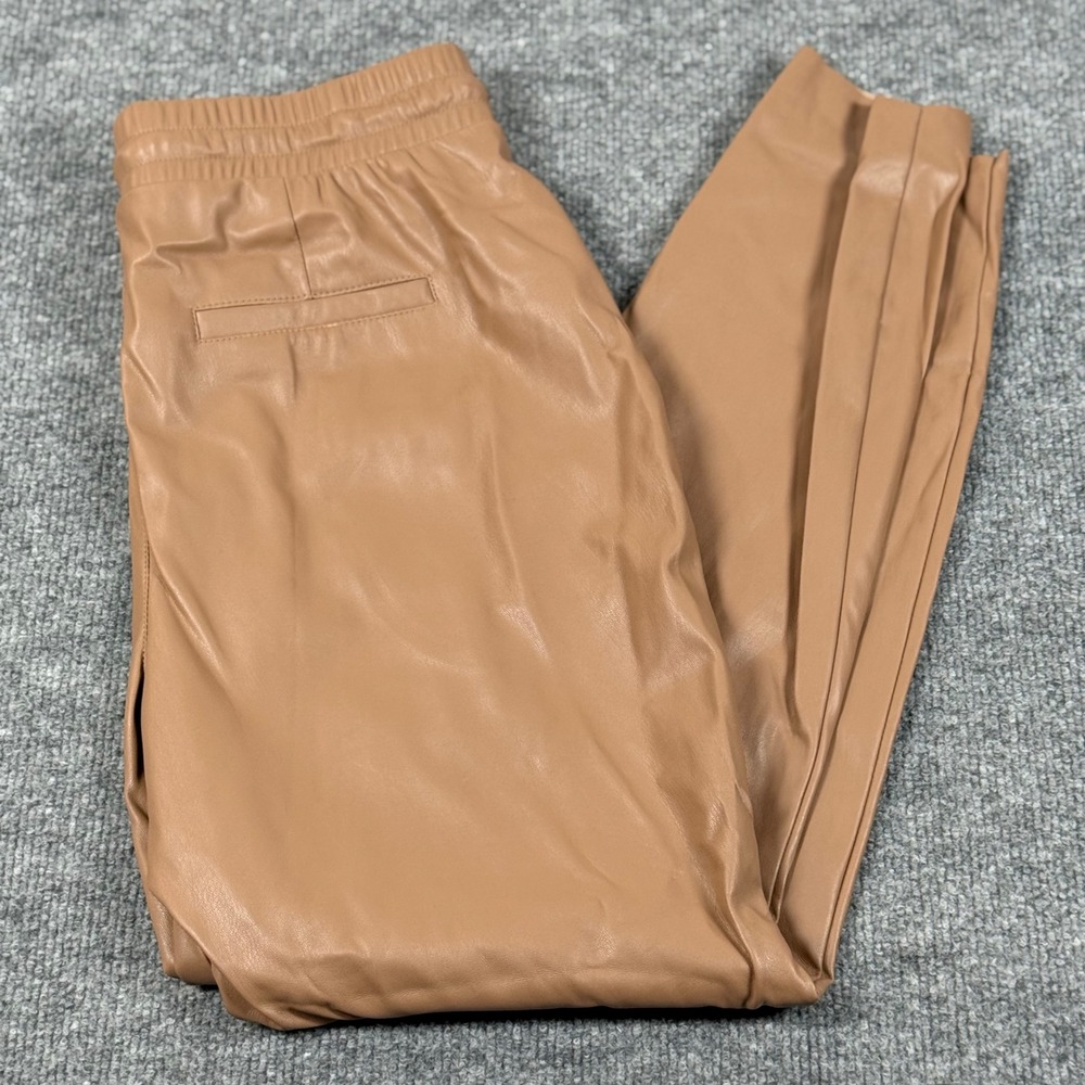 Pull‎ On Chic Faux Vegan Leather Jogger Pants Small Taupe Drawstring Waist Fall